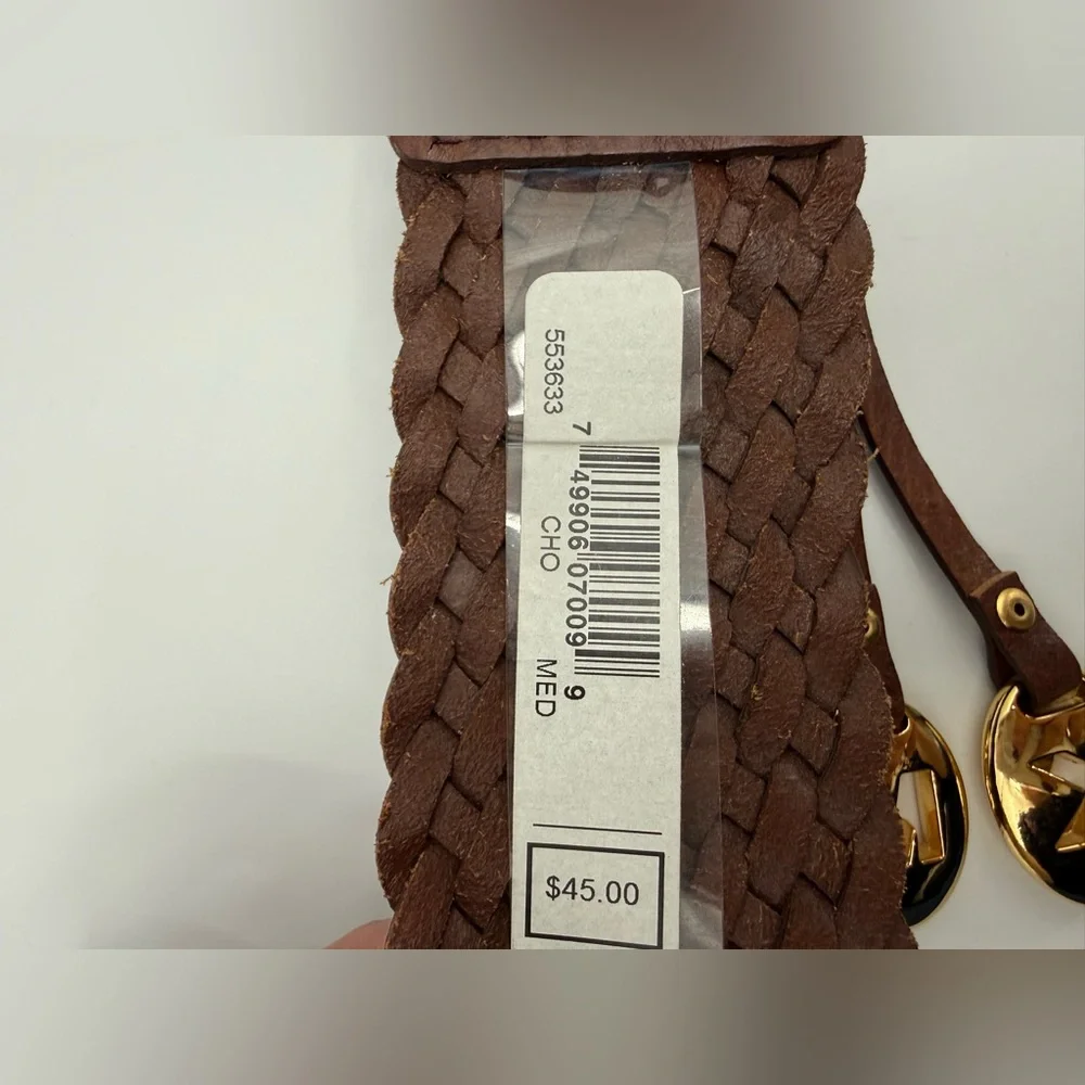 Michael Kors Brown Braided Leather Belt Gold Buckle Tassel Charm Boho Chic SZ M